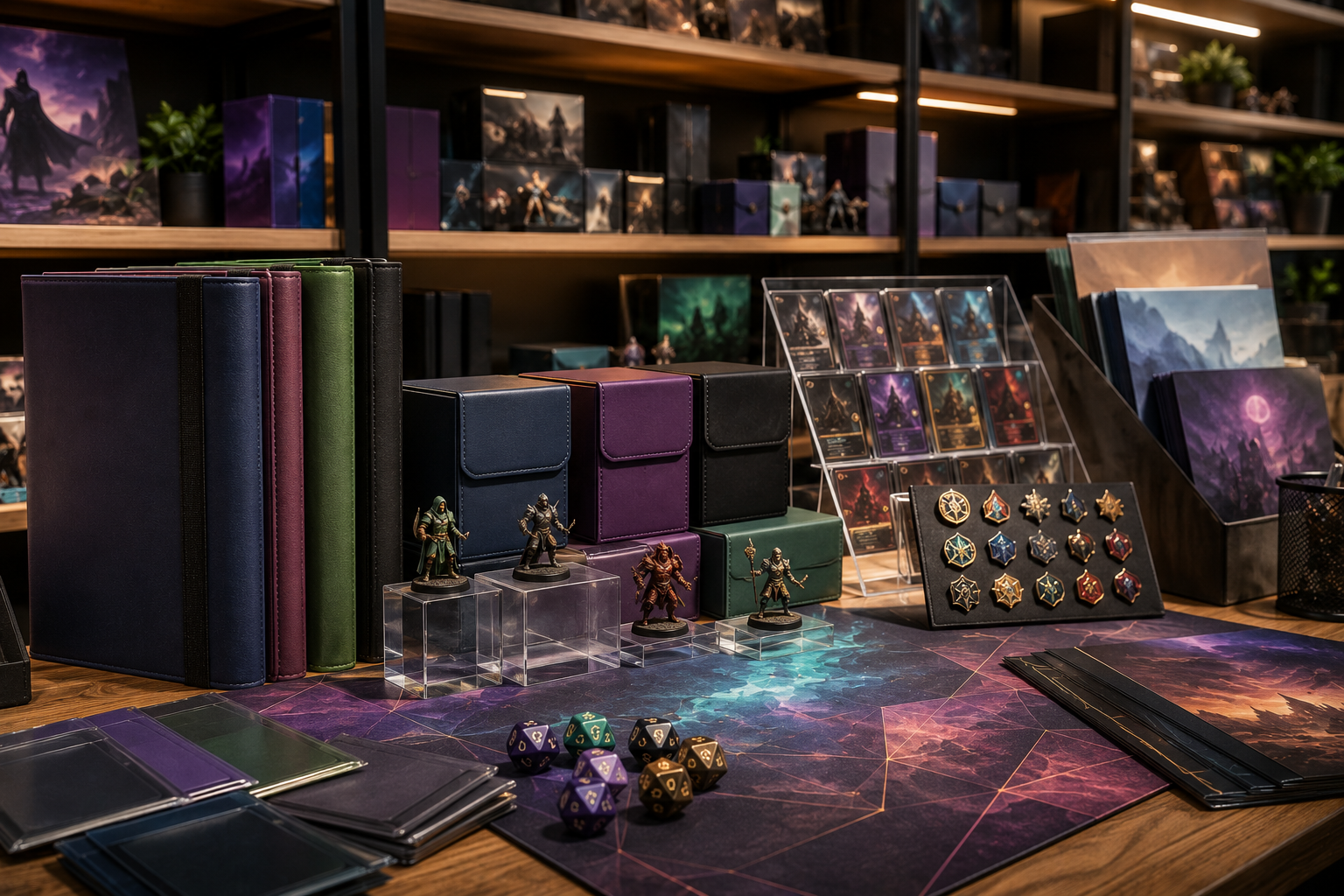 Card shop supplies, binders, deck boxes, and accessories